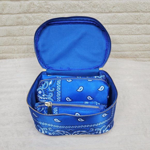 Blue Or Black Bandana Hard Case Make - Up Bag Purse Set of 3 per color - Picture 4 of 16